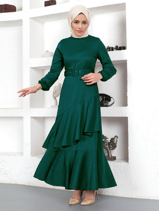Double - Layer Ruffled Waist - Cinching Knitted Long Dress - Hstrends