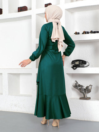 Double - Layer Ruffled Waist - Cinching Knitted Long Dress - Hstrends