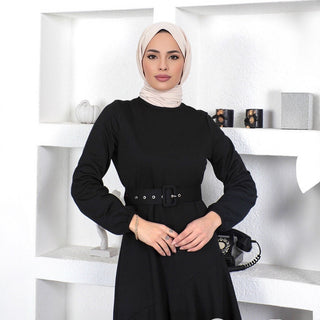 Double - Layer Ruffled Waist - Cinching Knitted Long Dress - Hstrends