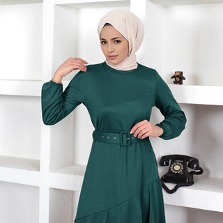 Double - Layer Ruffled Waist - Cinching Knitted Long Dress - Hstrends