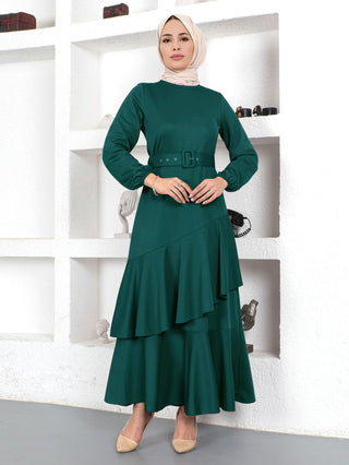 Double - Layer Ruffled Waist - Cinching Knitted Long Dress - Hstrends