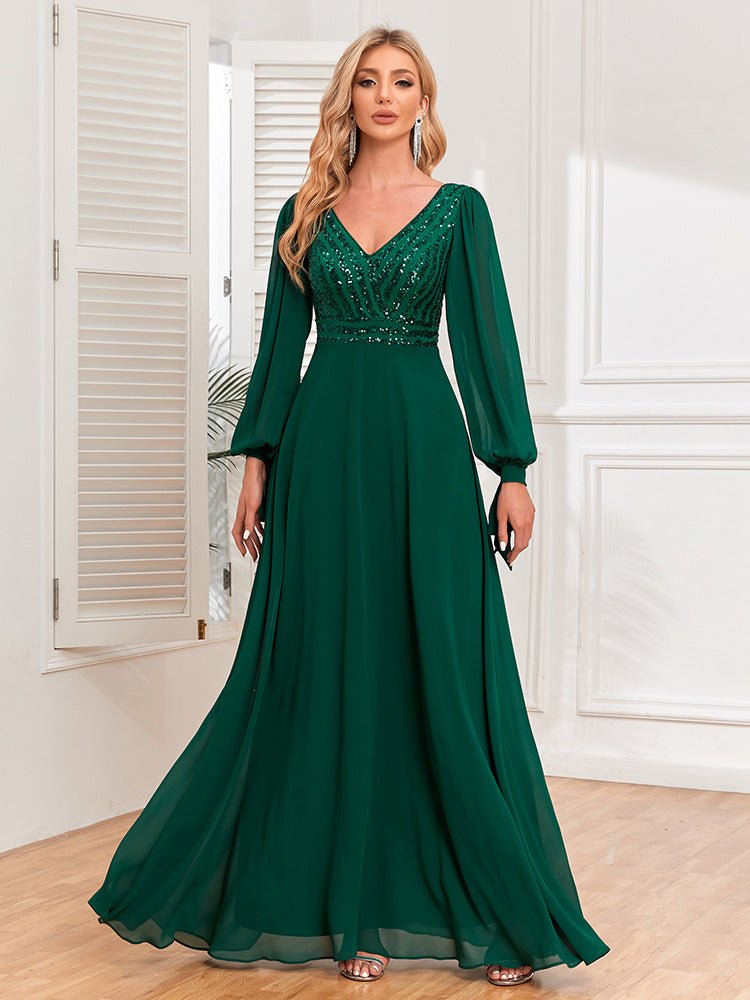 Double V-Neck Sequin Chiffon A-Line Evening Dress Green / L Double V-Neck Sequin Chiffon A-Line Evening Dress Green / L