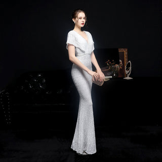Elegant Women's V - neck Sequin Fishtail Banquet Dress - Hstrends
