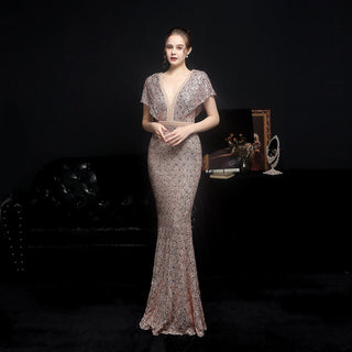 Elegant Women's V - neck Sequin Fishtail Banquet Dress - Hstrends