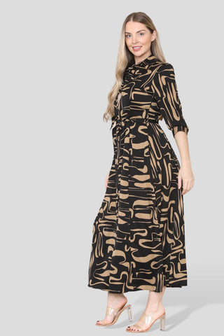 Brown Swril  Tiger Print Print Maxi Shirt Dress