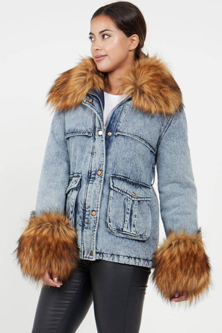 Faux Fur Cuff and Collar Padded Belted Denim Jacket - Hstrends