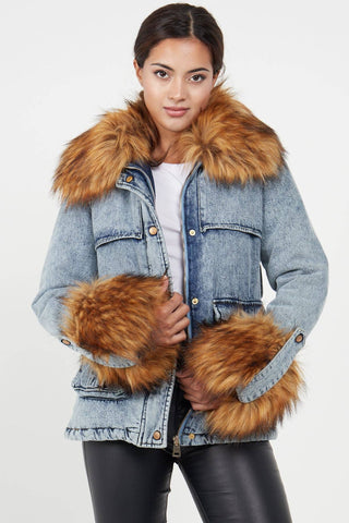 Faux Fur Cuff and Collar Padded Belted Denim Jacket - Hstrends