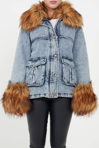 Faux Fur Cuff and Collar Padded Belted Denim Jacket - Hstrends