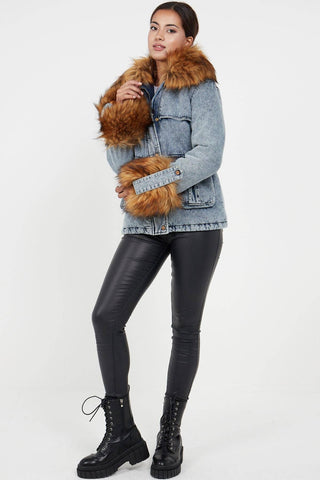 Faux Fur Cuff and Collar Padded Belted Denim Jacket - Hstrends