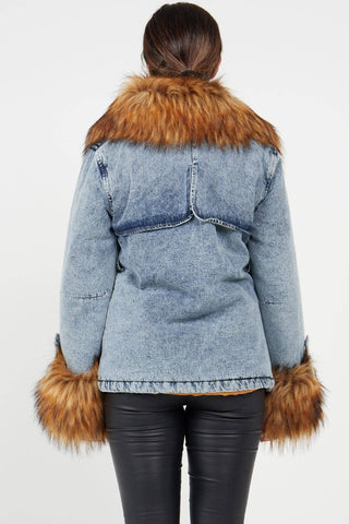 Faux Fur Cuff and Collar Padded Belted Denim Jacket - Hstrends