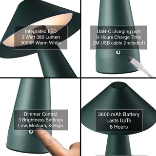 Matte Forest Green Rechargeable Touch Dimmable Table Lamp with Wide Metal Shade