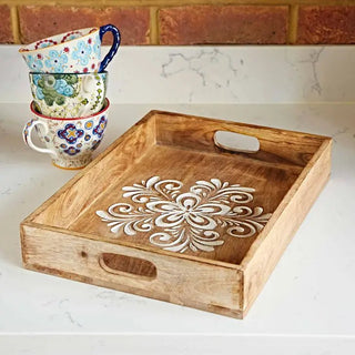Floral Carved Natural Mango Wood Tea Tray - Hstrends