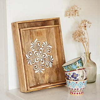 Floral Carved Natural Mango Wood Tea Tray - Hstrends
