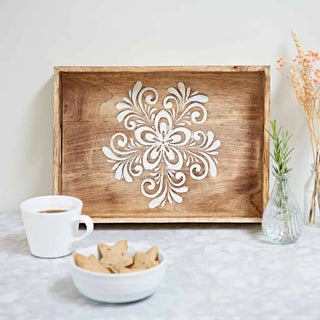 Floral Carved Natural Mango Wood Tea Tray - Hstrends