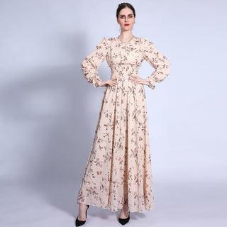 Floral Chiffon Elastic Waist A - Line Slim Long Dress - Hstrends