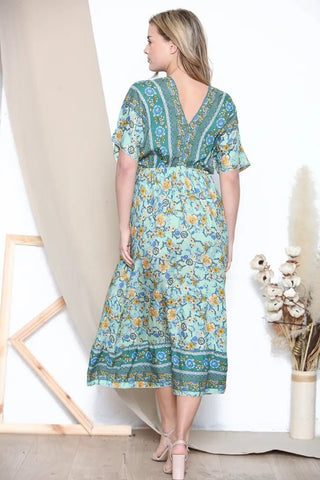 Floral Pattern V Neck Dresses in black and green - Hstrends