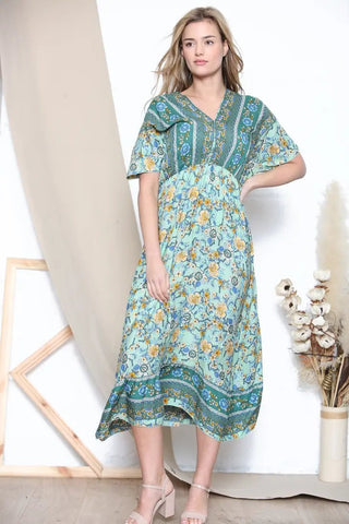 Floral Pattern V Neck Dresses in black and green - Hstrends