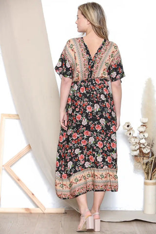 Floral Pattern V Neck Dresses in black and green - Hstrends