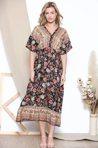 Floral Pattern V Neck Dresses in black and green - Hstrends