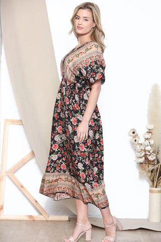 Floral Pattern V Neck Dresses in black and green - Hstrends