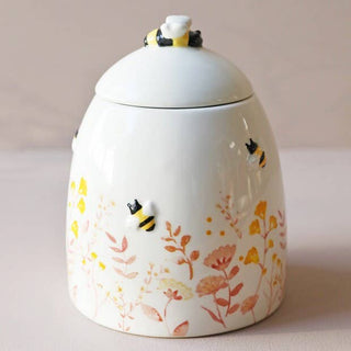Floral Storage Pot blue/dusky pink florals, highlighted by a peppering of yellow - Hstrends