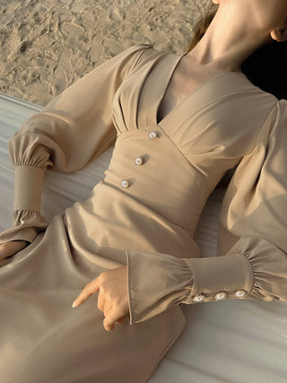 French Chiffon Midi A - Line V - Neck Dress - Hstrends