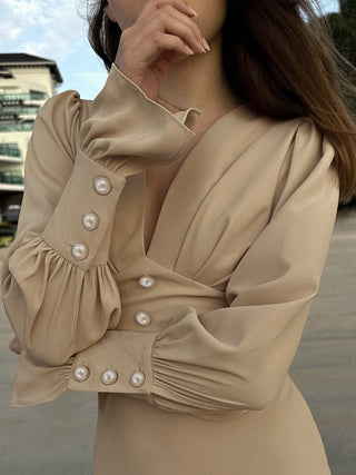 French Chiffon Midi A - Line V - Neck Dress - Hstrends