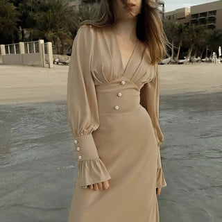French Chiffon Midi A - Line V - Neck Dress - Hstrends
