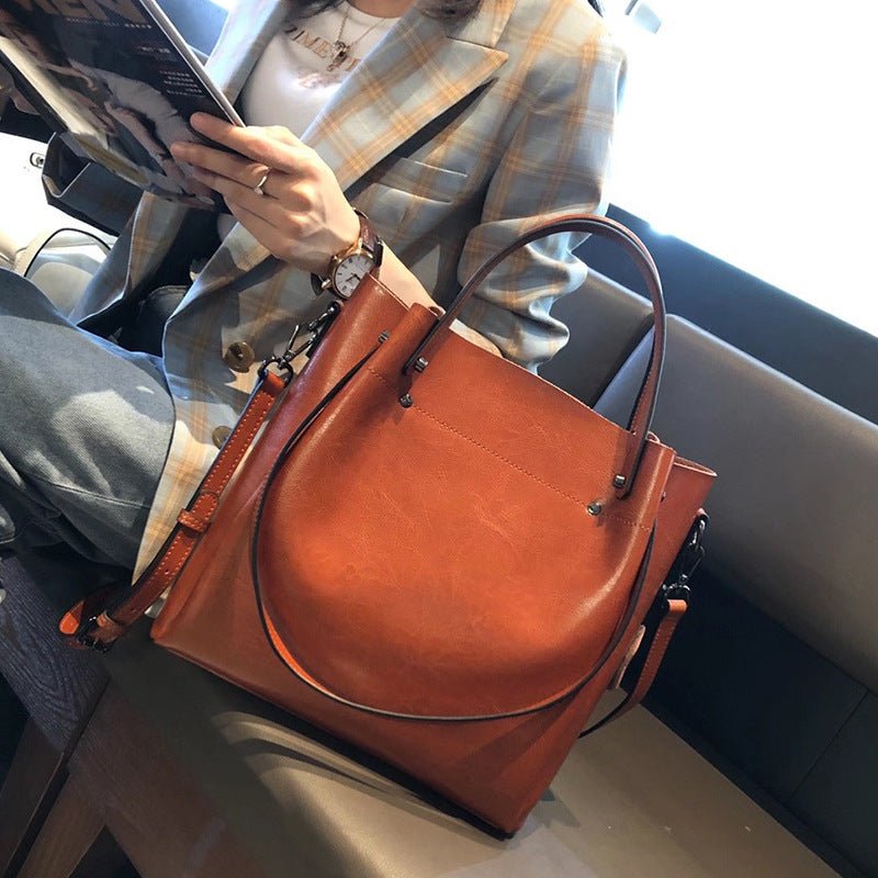 Genuine Leather Commuter Oil Wax Cowhide Large Capacity Satchel Crossbody Shoulder Tote Bag - Hstrends