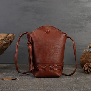 Genuine Leather Retro First - Layer Cowhide Woven Mobile Phone Bag Mini Crossbody Shoulder bag with tassel - Hstrends