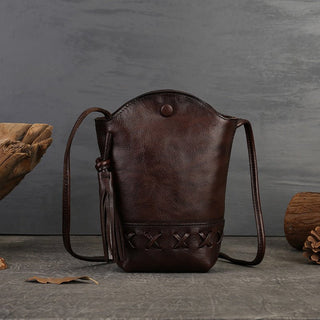 Genuine Leather Retro First - Layer Cowhide Woven Mobile Phone Bag Mini Crossbody Shoulder bag with tassel - Hstrends