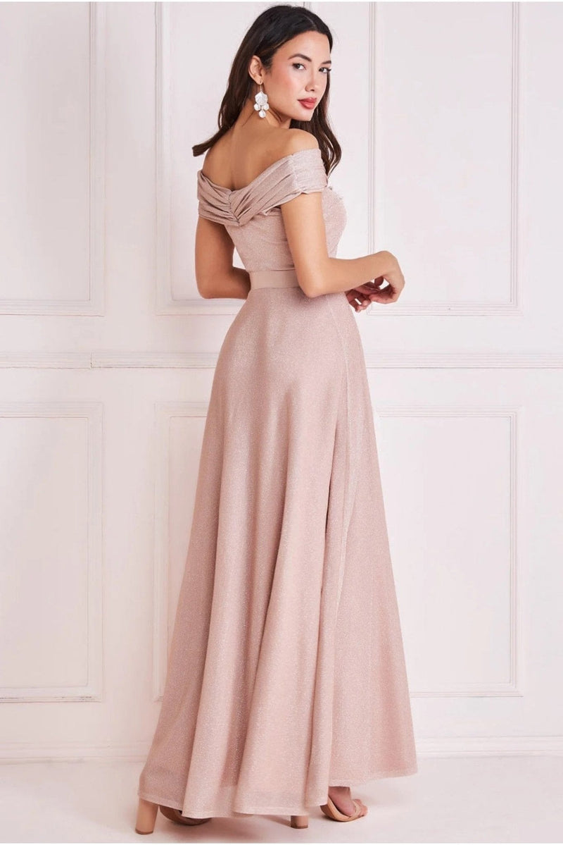 Goddiva Bardot Pleated Skirt Maxi Dress Nude - Hstrends