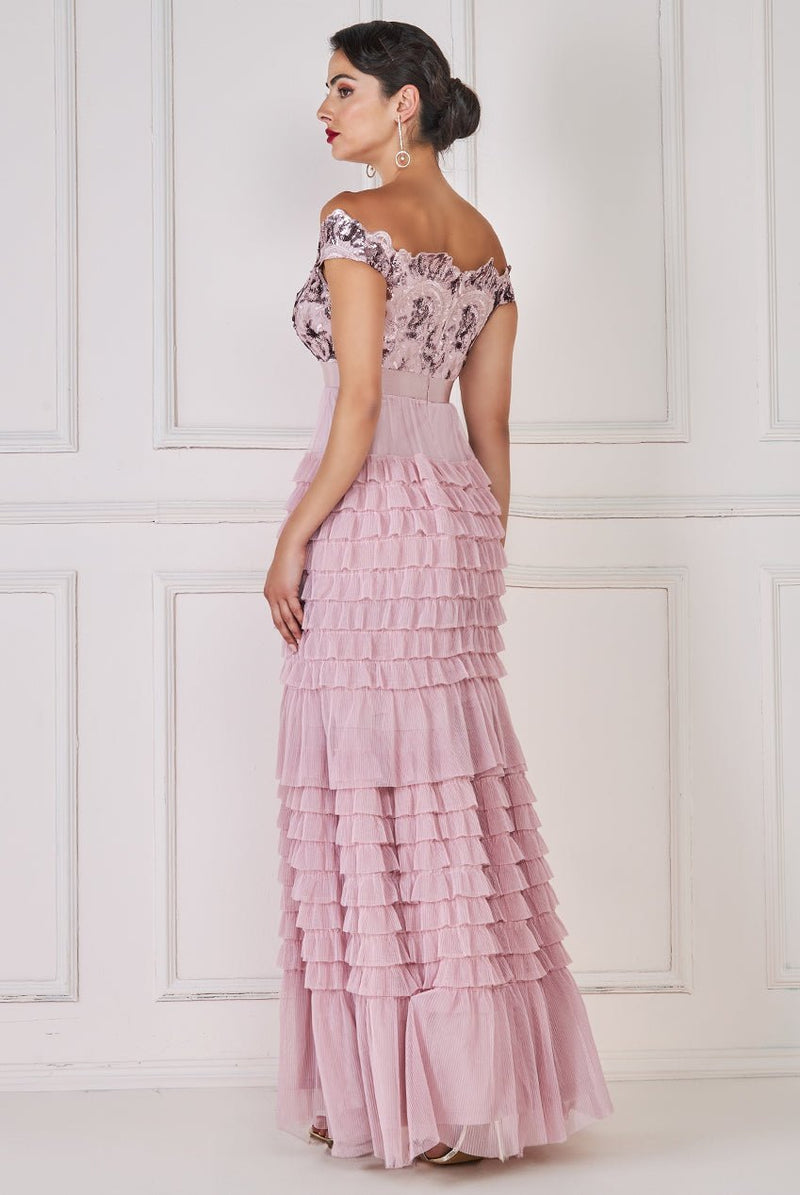 Goddiva Sequin Embroidered Scallop Bardot Tiered Ruffles Maxi Dress Blush - Hstrends