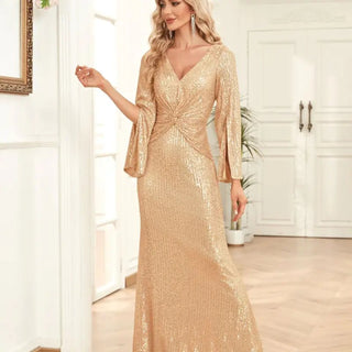 gold fishtail dress Retro Stage Metallic Gold Ruched Mermaid Dress | V-Neck Bodycon