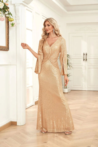 Gold Sequin Slim Fishtail Bridesmaid Evening Dress - Hstrends
