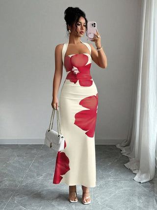 Halter Neck Backless Long Bodycon Printed Dress - Hstrends