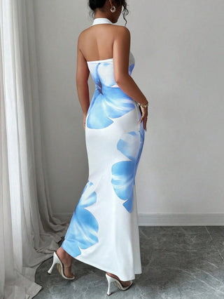 Halter Neck Backless Long Bodycon Printed Dress - Hstrends