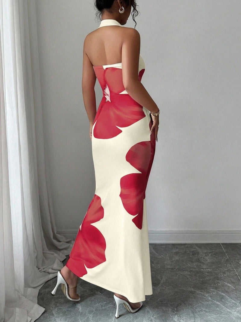 Halter Neck Backless Long Bodycon Printed Dress - Hstrends