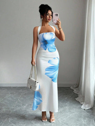 Halter Neck Backless Long Bodycon Printed Dress - Hstrends