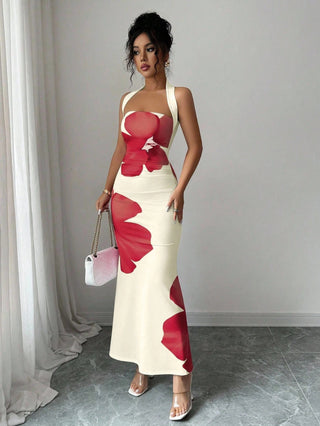 Halter Neck Backless Long Bodycon Printed Dress - Hstrends