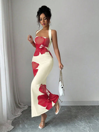 Halter Neck Backless Long Bodycon Printed Dress - Hstrends
