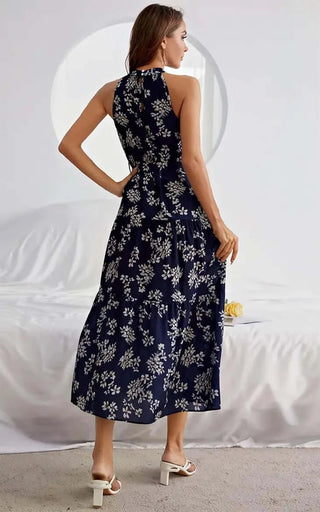 Halter Neck Midi Layer Dress in Nave & White Flora Print - Hstrends