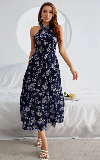 Halter Neck Midi Layer Dress in Nave & White Flora Print - Hstrends