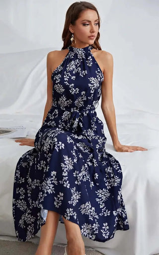 Halter Neck Midi Layer Dress in Nave & White Flora Print - Hstrends