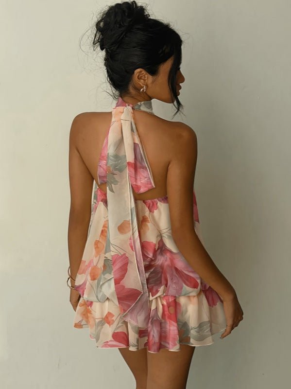 Halter Neck Ribbon Sleeveless Tiered Dress - Hstrends