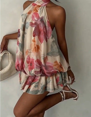 Halter Neck Ribbon Sleeveless Tiered Dress - Hstrends