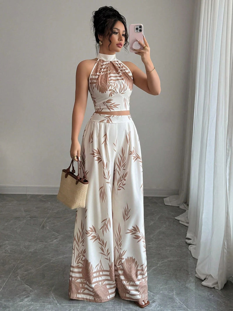 Halter Neck Tank Top Wide-Leg Pants Printed Set - Hstrends