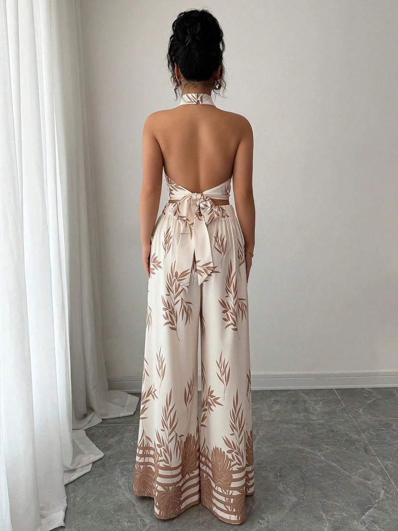 Halter Neck Tank Top Wide-Leg Pants Printed Set - Hstrends