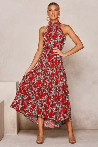 Halter Neck Wave Printing Lace-up midi Dress - Hstrends
