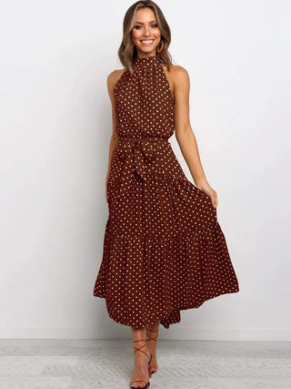 Halter Neck Wave Printing Lace-up midi Dress - Hstrends